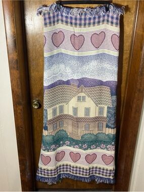 Vintage 90s Cottagecore Woven Heart & Home Throw Blanket Country 50” X 56”